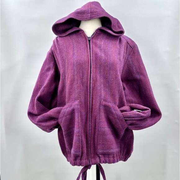 Welsh Woollens/Tregwynt Wool Jacket Hooded Womens XL Zip Cardigan Purple Tie VTG - Picture 1 of 13